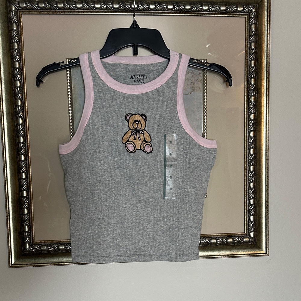 DONATEDMighty Fine Gray Crop Tank Top w/ Teddy Bear Appliqué M Girly Cute Y2K